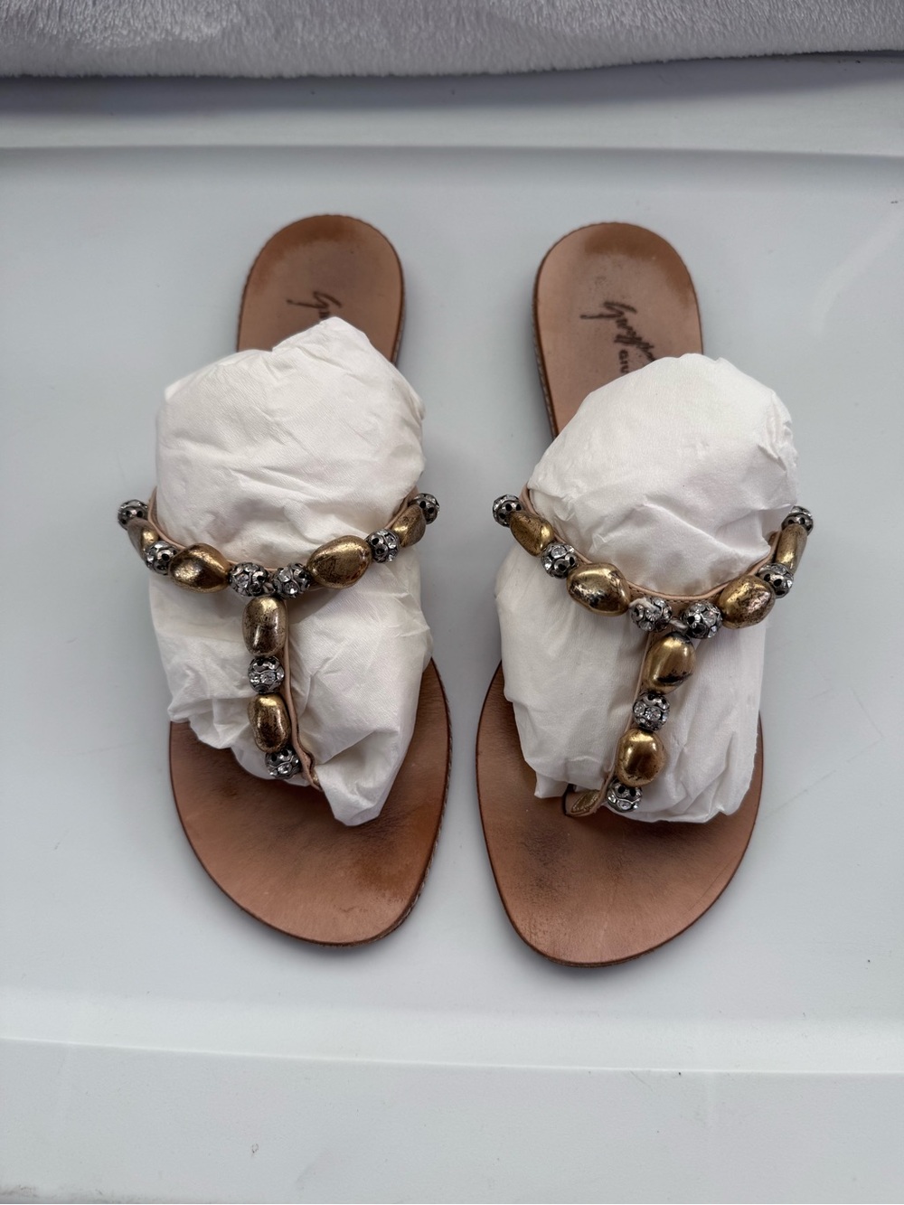Giuseppe Zanotti White Leather Slide Sandals with Gold Beaded T-Strap